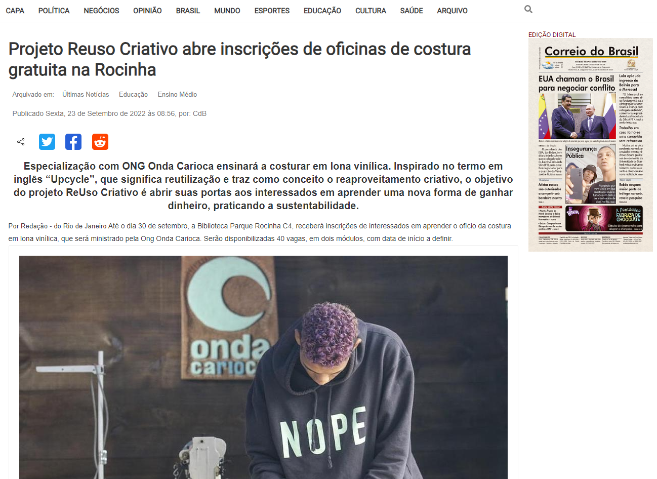 Projeto Reuso Criativo abre inscrições de oficinas de costura gratuita na Rocinha